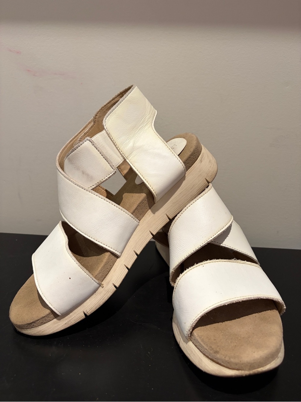 Bos. & Co. White Triple-Strap Leather Wedge Sandals